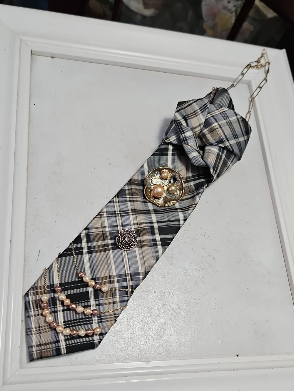 NWT Chaps Silk Blue Plaid Statement Tie Necklace With Faux Pearl Accents